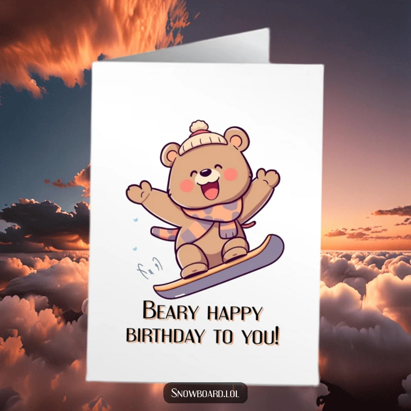 Funny Free Printable Birthday Card: Playful bear catching air while snowboarding with a joyful expression.