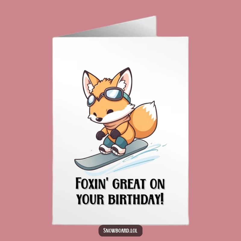 Free Printable Fox Snowboarder Birthday Card: Funny Cub Jump Downloadable Gift