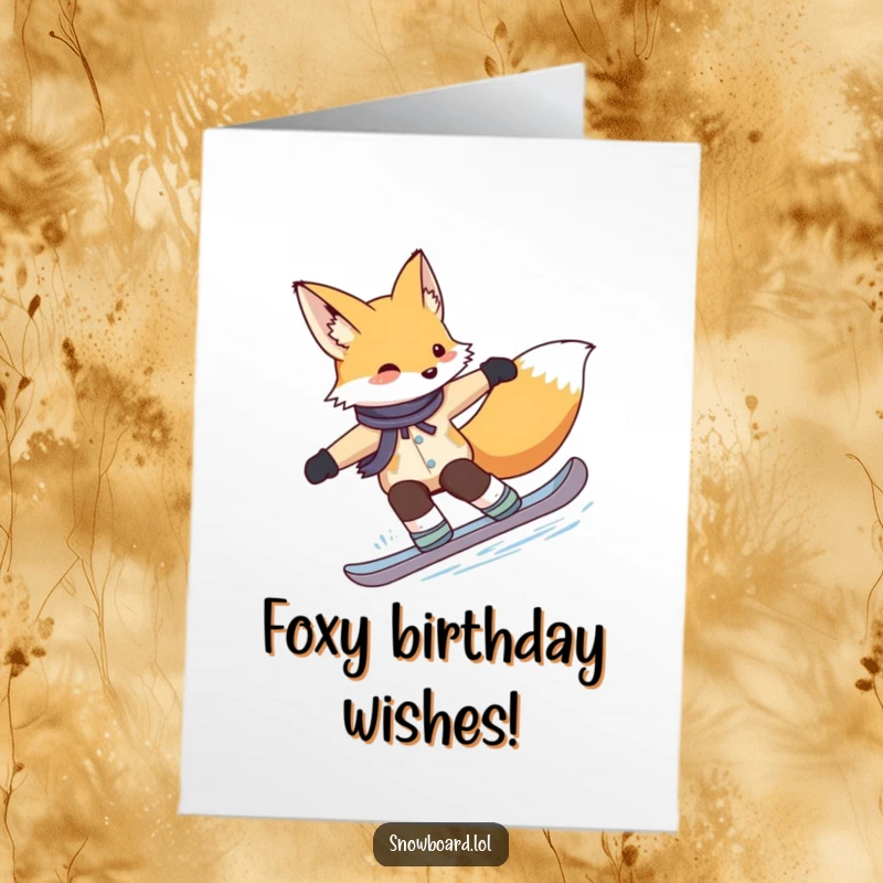 Funny Free Printable Birthday Card: A cute fox smoothly carving turns on a snowboard, celebrating a birthday with stylish grace.