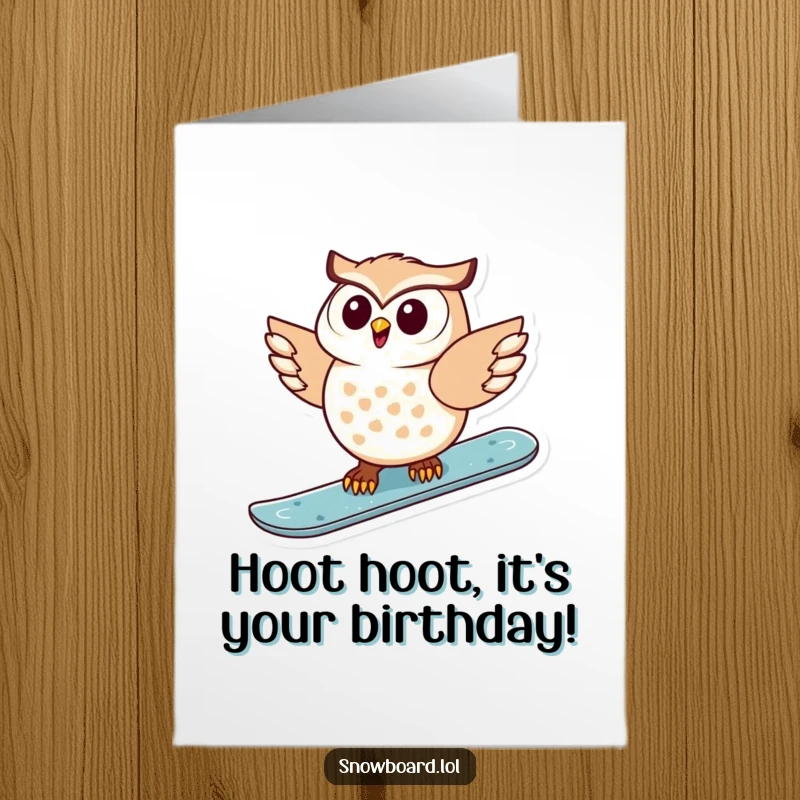 Funny Free Printable Birthday Card: Delighted owl in mid-air on a snowboard, mid-glide, pure joy.