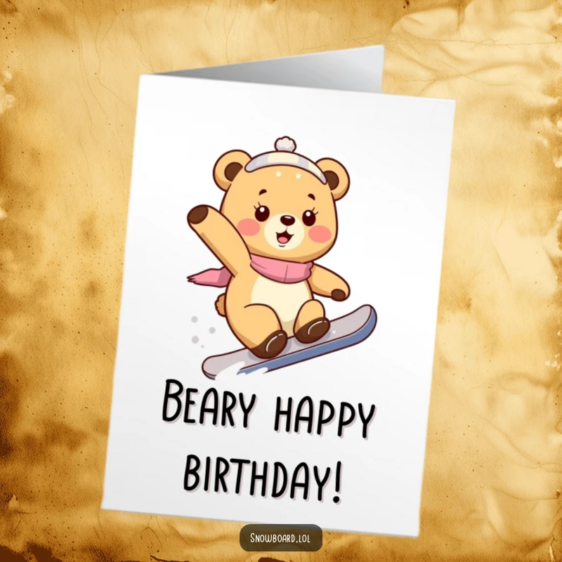 Funny Free Printable Birthday Card: A playful bear cub mid-trick on a snowboard, celebrating a birthday with acrobatic joy.