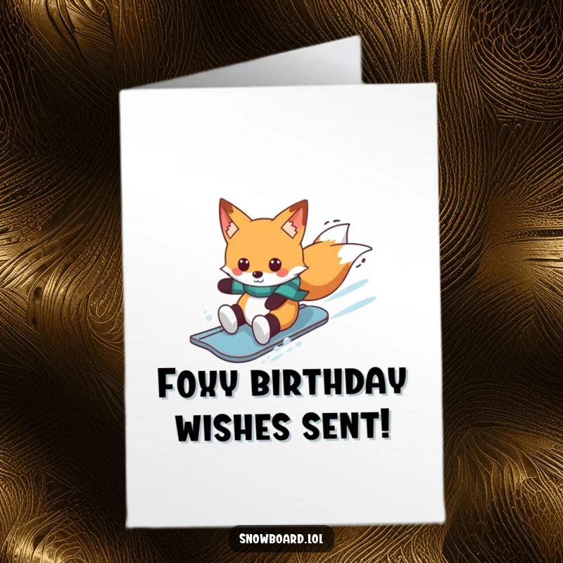Funny Free Printable Birthday Card: Cheerful fox sliding downhill on a snowboard, enjoying the winter.