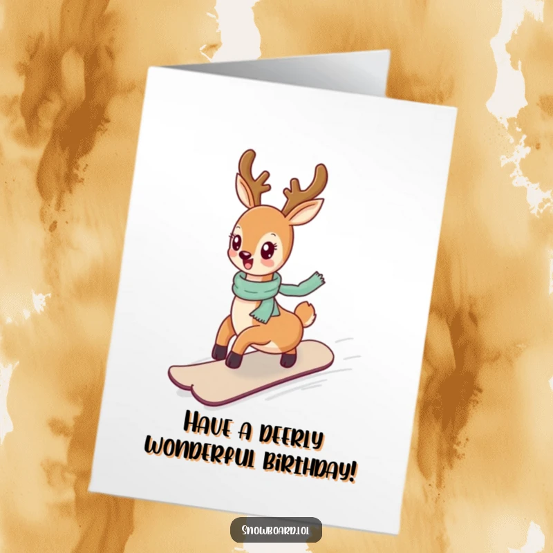 Funny Free Printable Birthday Card: Cheerful deer gracefully snowboarding down a gentle slope with a smile.