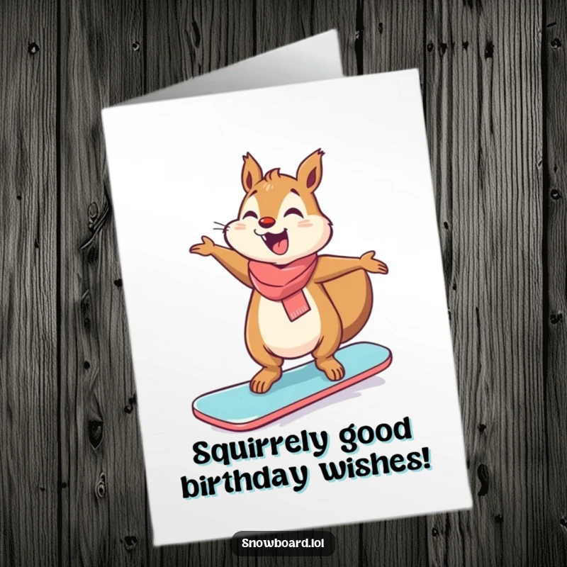 Funny Free Printable Birthday Card: Giggling squirrel with arms outstretched, perfectly balanced on a snowboard.