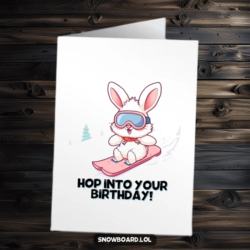 Funny Free Printable Birthday Card: A fluffy bunny in goggles snowboards downhill with excitement, wishing a happy birthday.