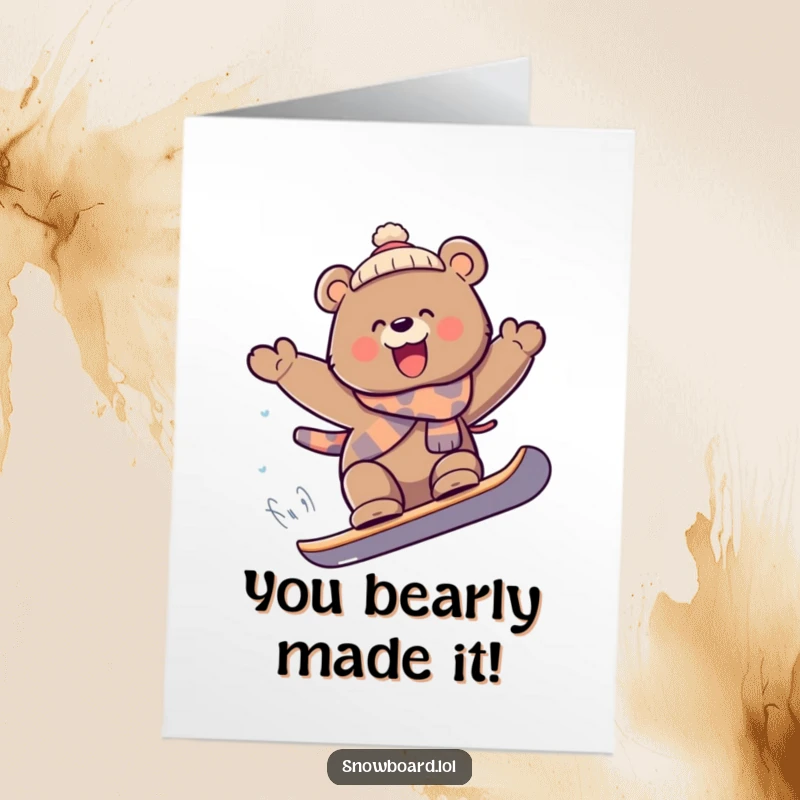 Funny Free Printable Congratulations Card: Playful bear catching air snowboarding, celebrating a big accomplishment.