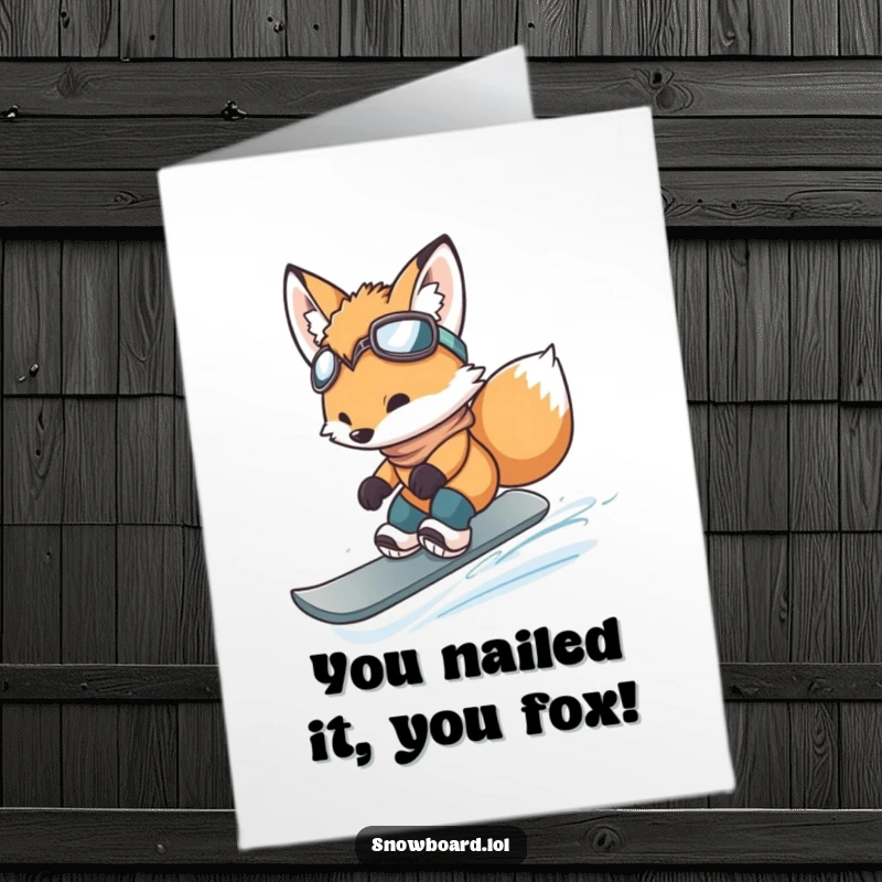 Funny Free Printable Congrats Card: Little fox cub bravely jumping on snowboard with celebratory flair.