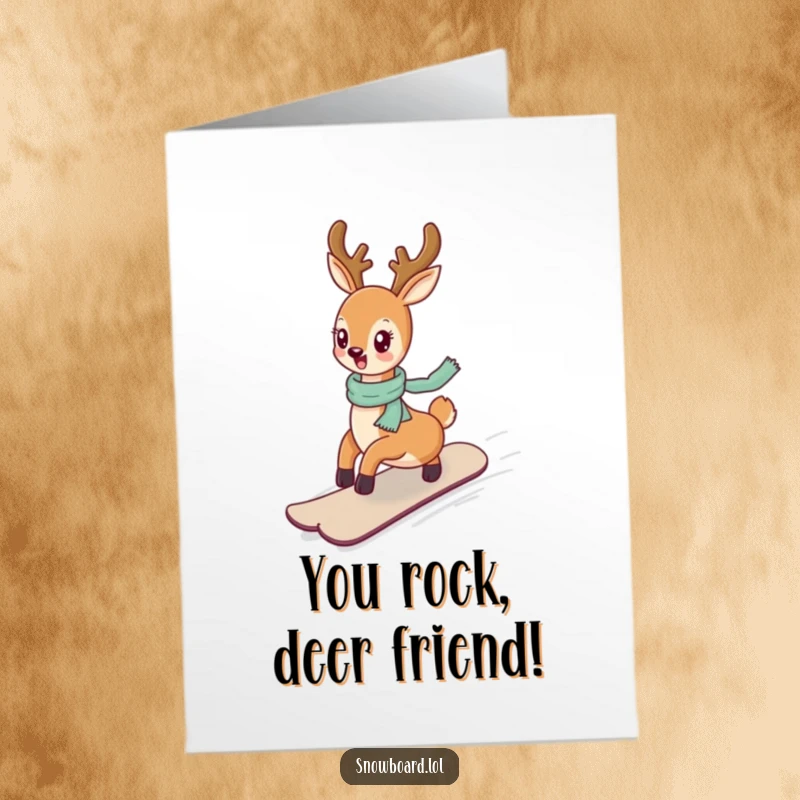 Funny Free Printable Congrats Card: Graceful deer on a snowboard cruising down a scenic incline.