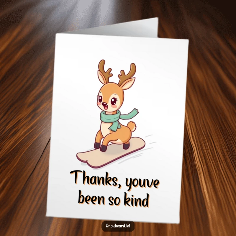 Funny Free Printable Thank You Card: Cheerful deer gliding smoothly on a snowboard, perfect for thanks.
