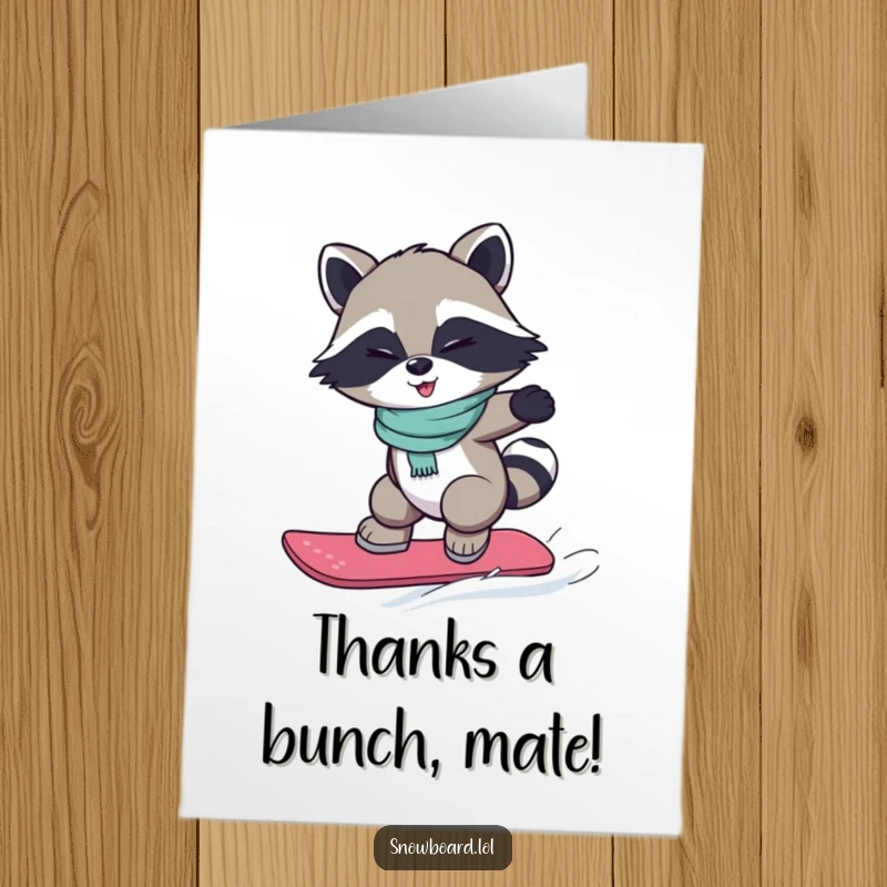 Funny Free Printable Thank You Card: Winking raccoon gives a thumbs-up from its snowboard.