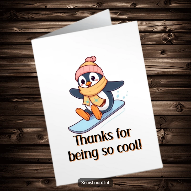 Funny Free Printable Thank You Card: Penguin in scarf snowboarding downhill, offering a cool thank you.