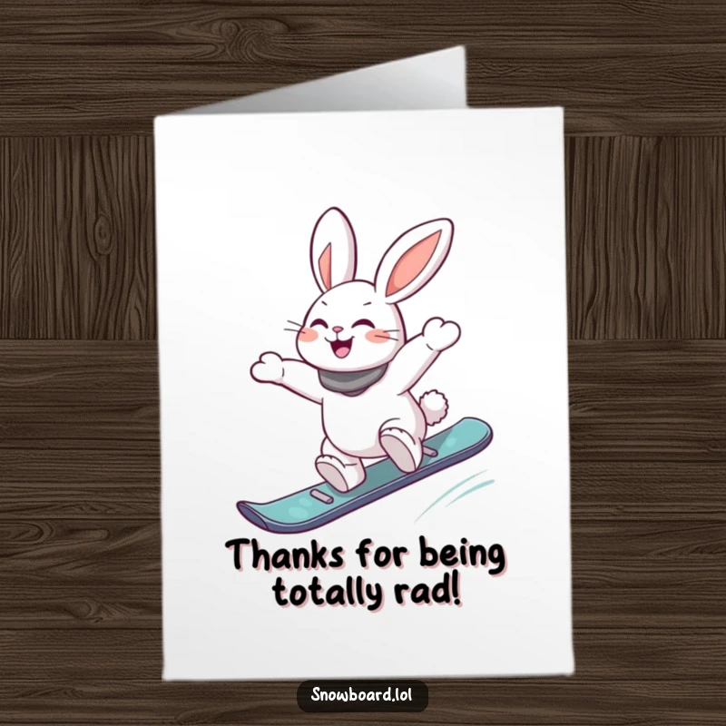 Funny Free Printable Thank You Card: Snowboard rabbit doing a cool jump, thanking someone with style, downloadable.