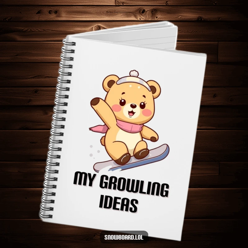 Funny bear cub notebook, performing a snowboard trick with playful energy, designed for capturing adventure ideas and snowy daydreams.