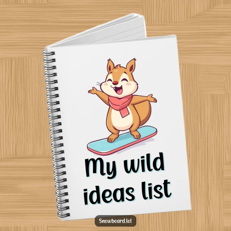 Funny giggling squirrel balancing on a snowboard, arms out, perfect for notes.