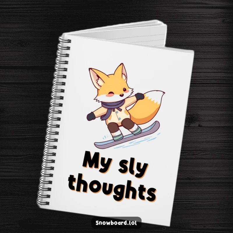 Funny fox notebook, gracefully snowboarding with elegant turns, designed for capturing stylish ideas and winter daydreams.
