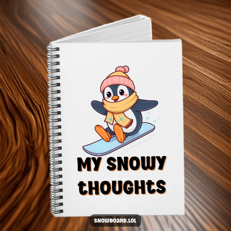 Funny happy penguin wearing scarf, winter notebook, snowboarder journal, excellent funny gift for note-takers.