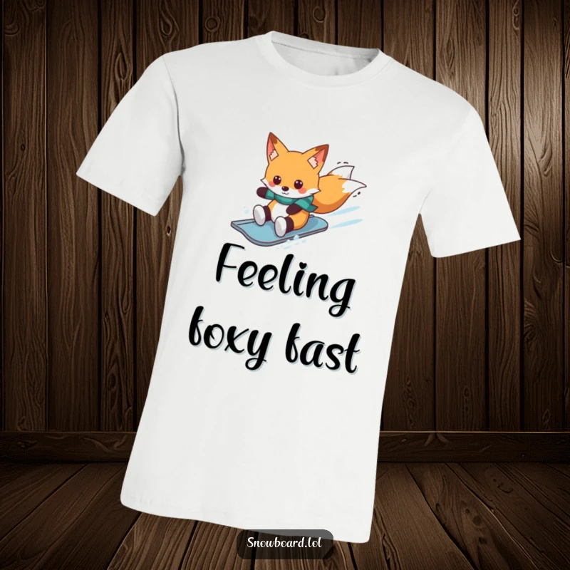 Funny cheerful fox on snowboard, winter t-shirt, playful character, great funny gift for snowboarders.