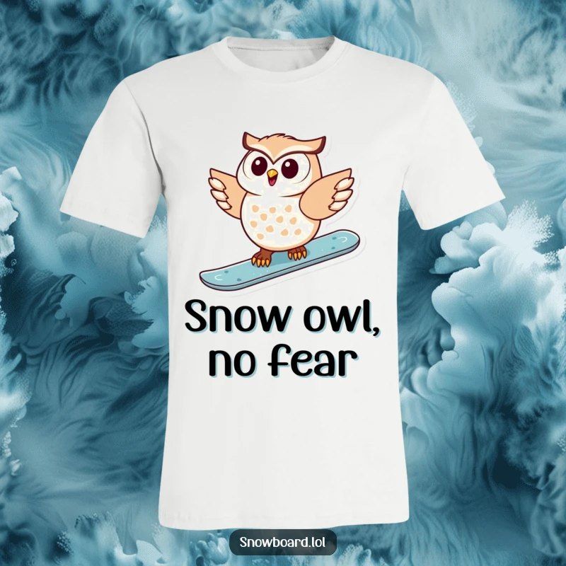 Funny t-shirt with a delighted owl gracefully snowboarding down a snowy slope, radiating excitement and accomplishment.