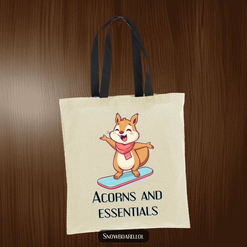 Funny giggling squirrel with outstretched arms, hilariously balancing on a snowboard.