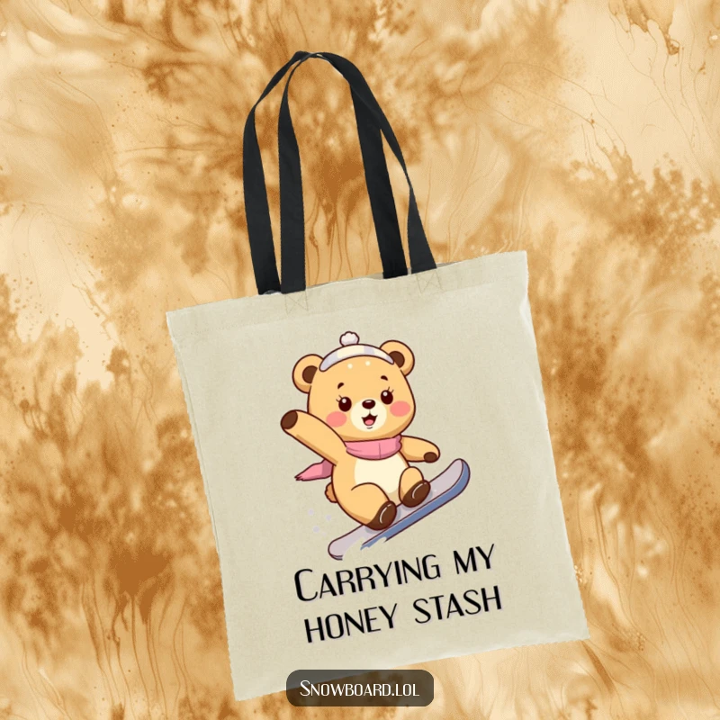 Funny bear cub tote bag, expertly performing a snowboard trick, designed for adventure lovers and fans of playful art.