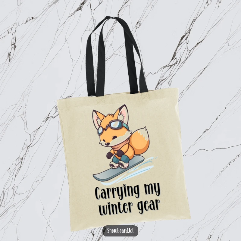 Funny fox cub mid-jump on a snowboard, a charming and humorous tote bag design.