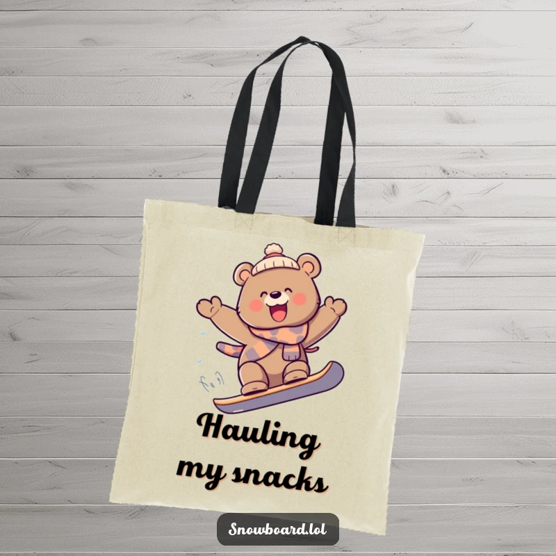 Funny bear on snowboard catching air, extreme sports tote bag, joyful expression, brilliant funny gift.