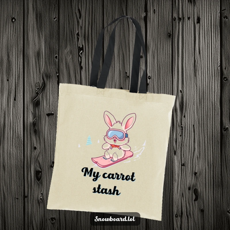 Funny fluffy bunny tote bag wearing goggles, snowboarding downhill. This durable, adventurous design is great for carrying items.