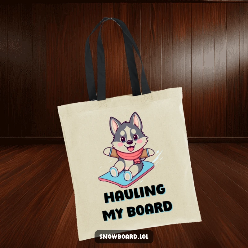 Funny husky tote bag, gleefully snowboarding down a snowy slope, designed for dog lovers and winter sports enthusiasts.